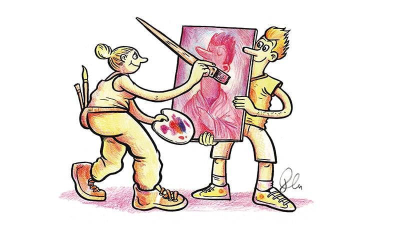 Illustrasjon av en kunstmaler som maler på et lerret som en annen person holder i.