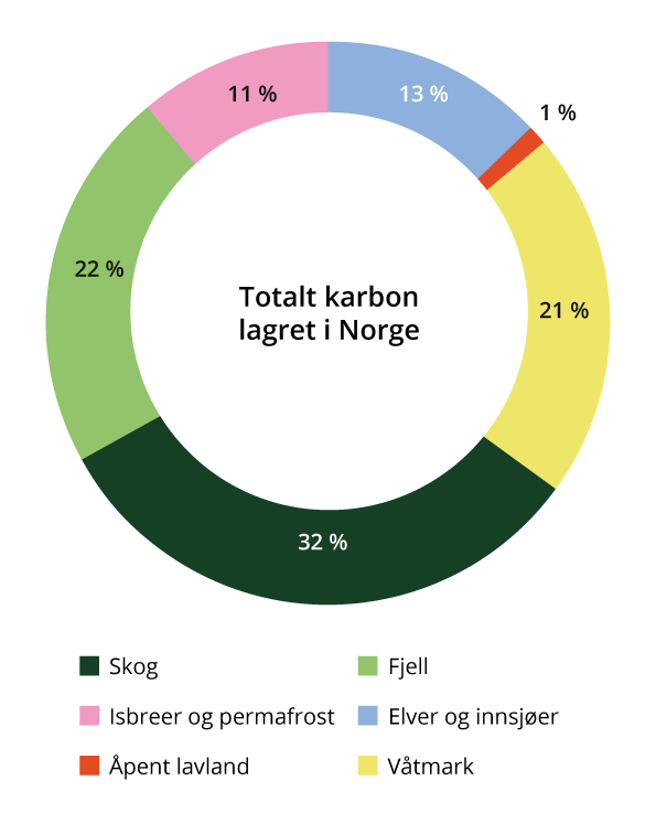 Omtrentlig mengde karbon lagret i hvert økosystem, som del av den totale mengden lagret karbon i fastlands-Norges økosystemer. Per kvadratkilometer er det innsjøsedimenter, våtmark og permafrost som lagrer mest.