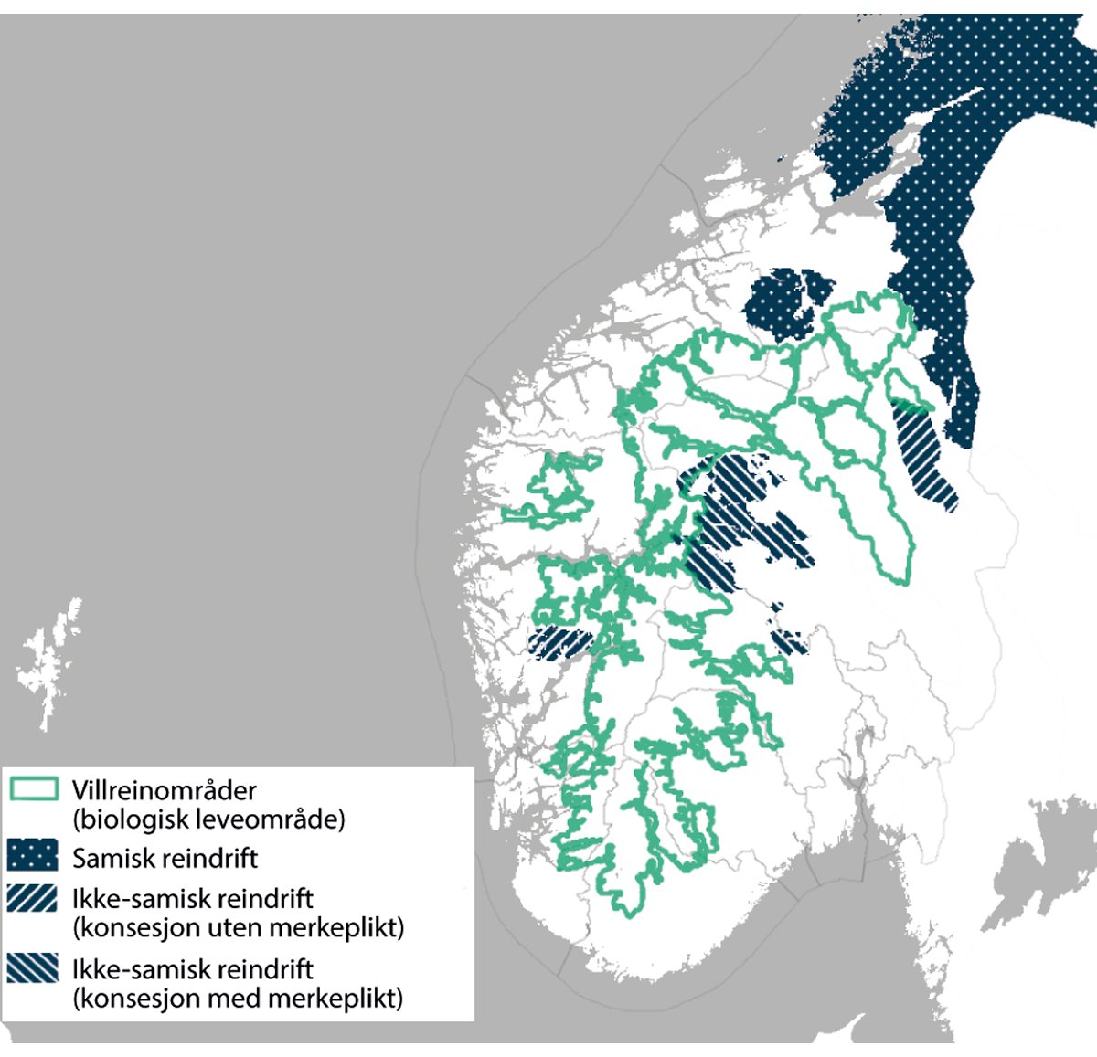Figur 7.11 Område i Noreg med tamrein (blå) og villrein (grøn).