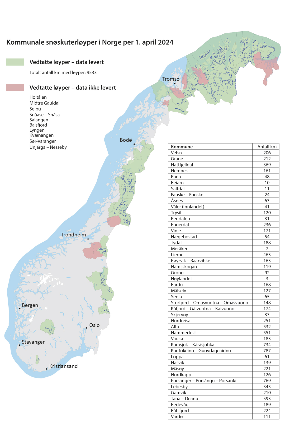 Figur 9.7 Oversikt over kommuner med snøskuterløyper i Norge per 1. april 2024.
