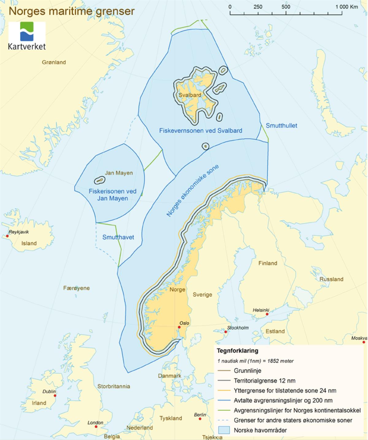 Kart over Norges maritime grenser
Kilde: Statens kartverk