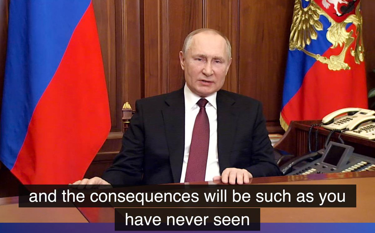 Figur 2.1 Russlands angrep på Ukraina den 24. februar 2022 er et vannskille i internasjonal politikk. Bildet viser Putin som advarer mot innblanding fra Vesten og truer med umiddelbare reaksjoner og historiske konsekvenser.