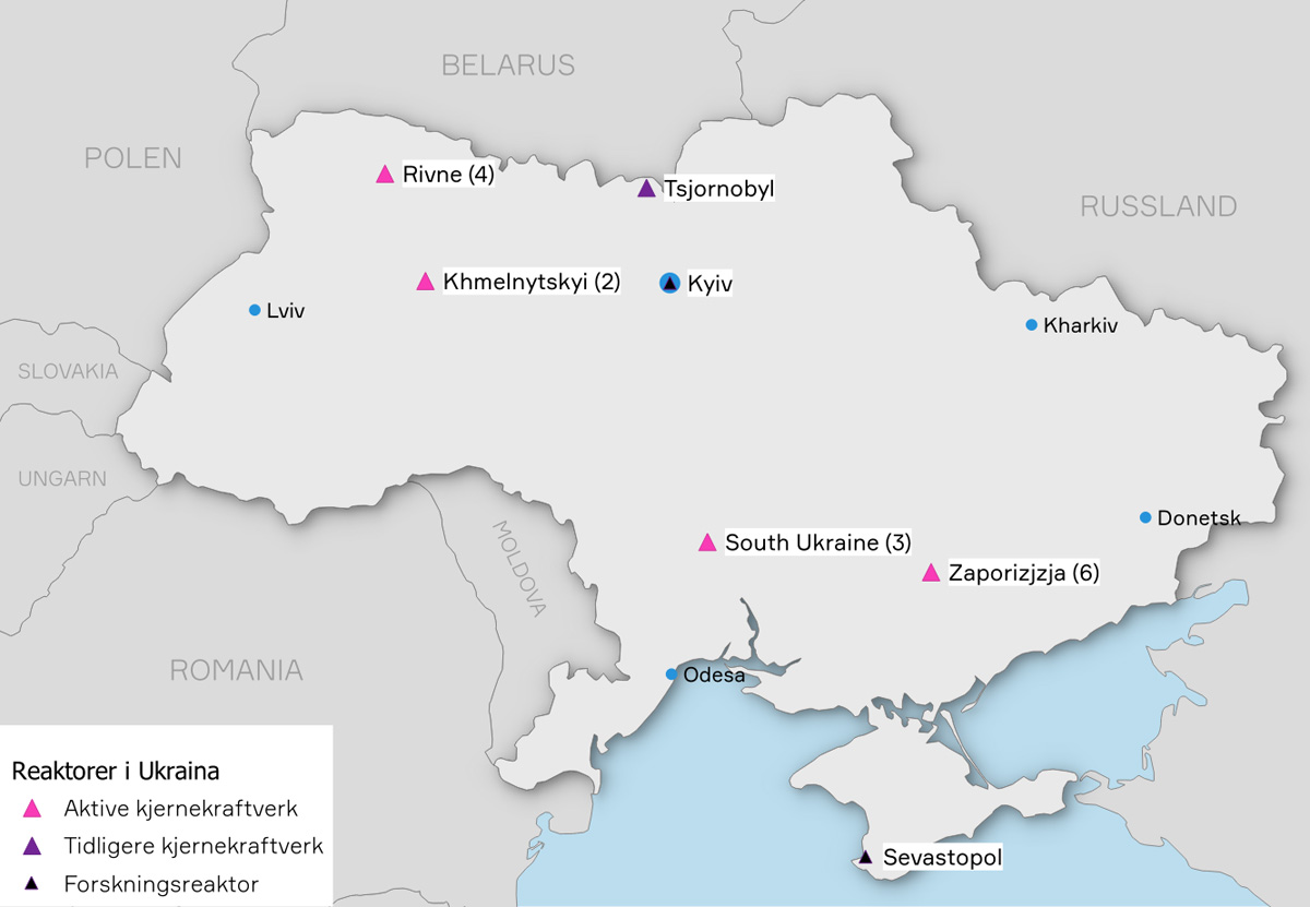 Figur 2.2 Kjernekraftverk og andre atomanlegg i Ukraina. Tall i parentes er antall reaktorer.