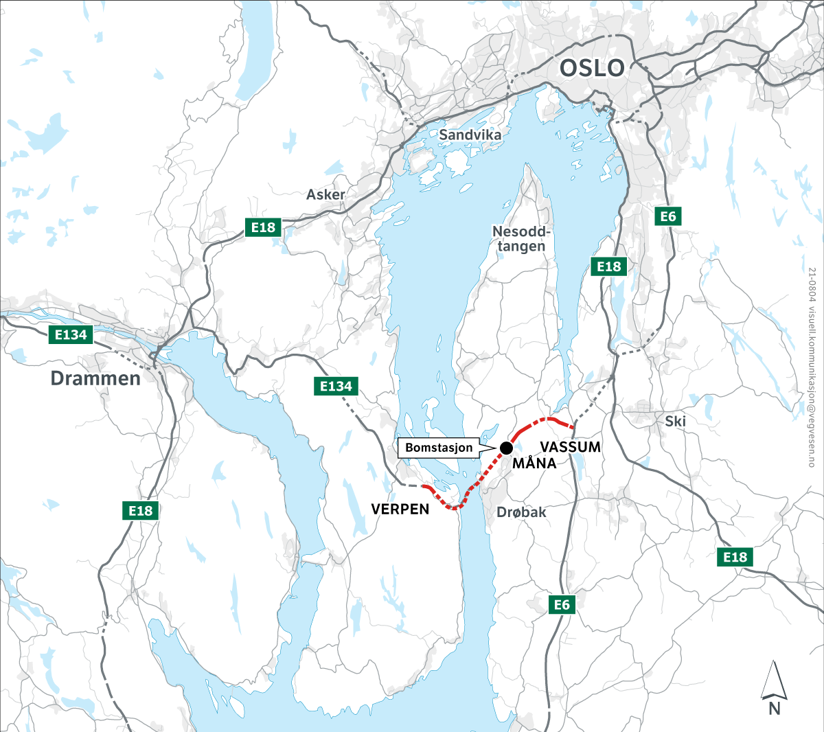 Figur 2.1 Oversiktskart for prosjektet E134 Oslofjordforbindelsen byggetrinn 2