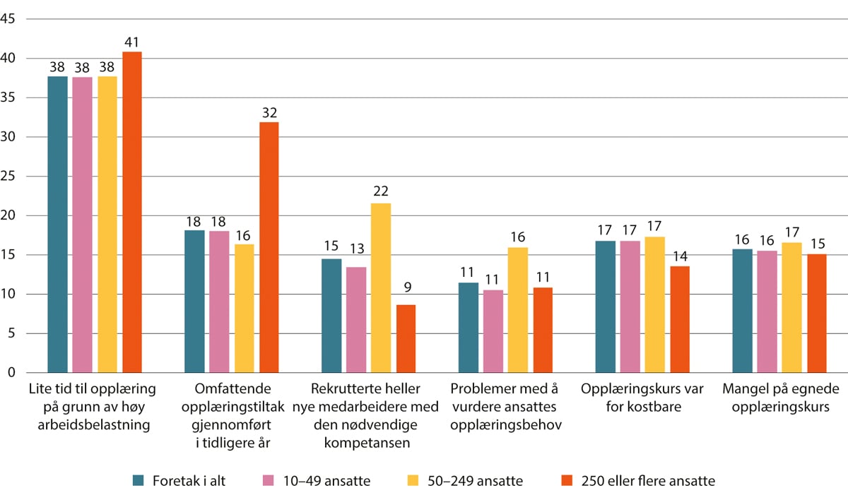 Figur 6.6 Faktorer som hemmer ytterligere kompetanseutvikling i virksomheter. Virksomheter etter antall ansatte. Prosent. 2020