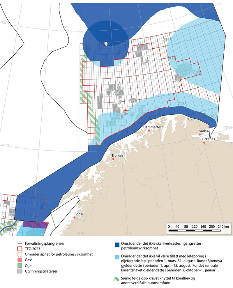 Figur 10.1 Områdespesifikke rammer for petroleumsvirksomhet i Barentshavet–Lofoten.