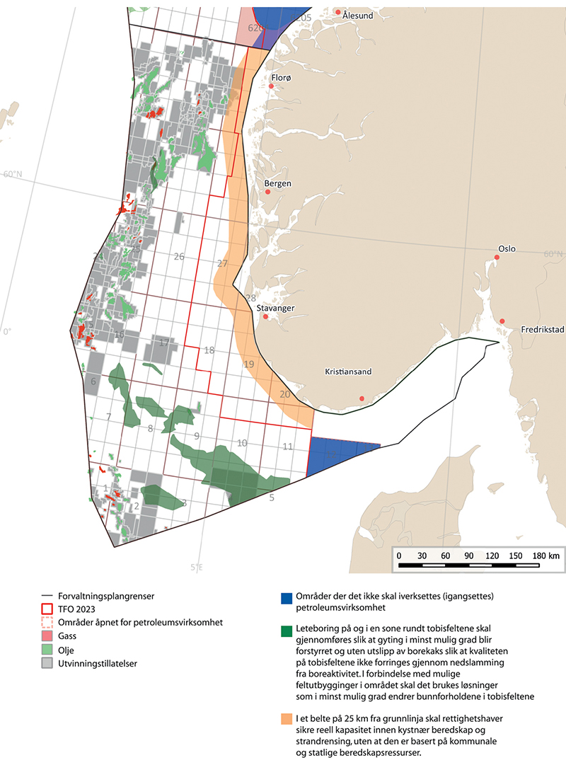 Figur 10.3 Områdespesifikke rammer for petroleumsvirksomhet i Nordsjøen–Skagerrak.