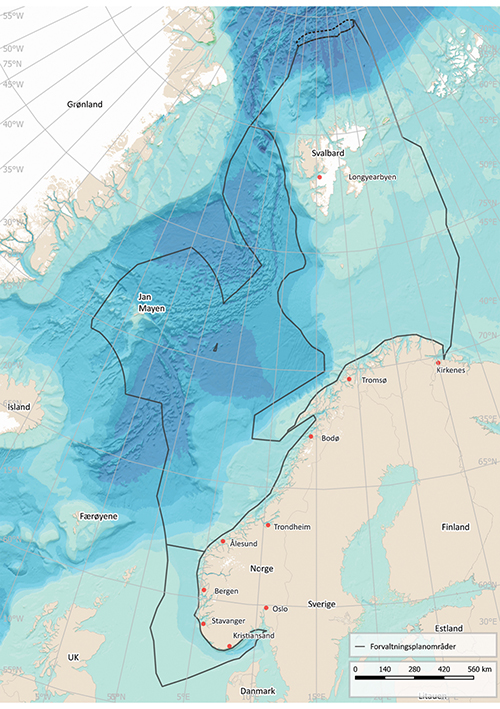 Figur 2.4 Kart over forvaltningsplanområdene i Barentshavet–Lofoten, Norskehavet og Nordsjøen–Skagerrak