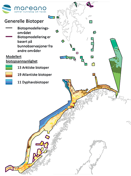 Figur 3.13 Utbredelse av generelle biotoper på havbunnen i Norskehavet og Barentshavet.