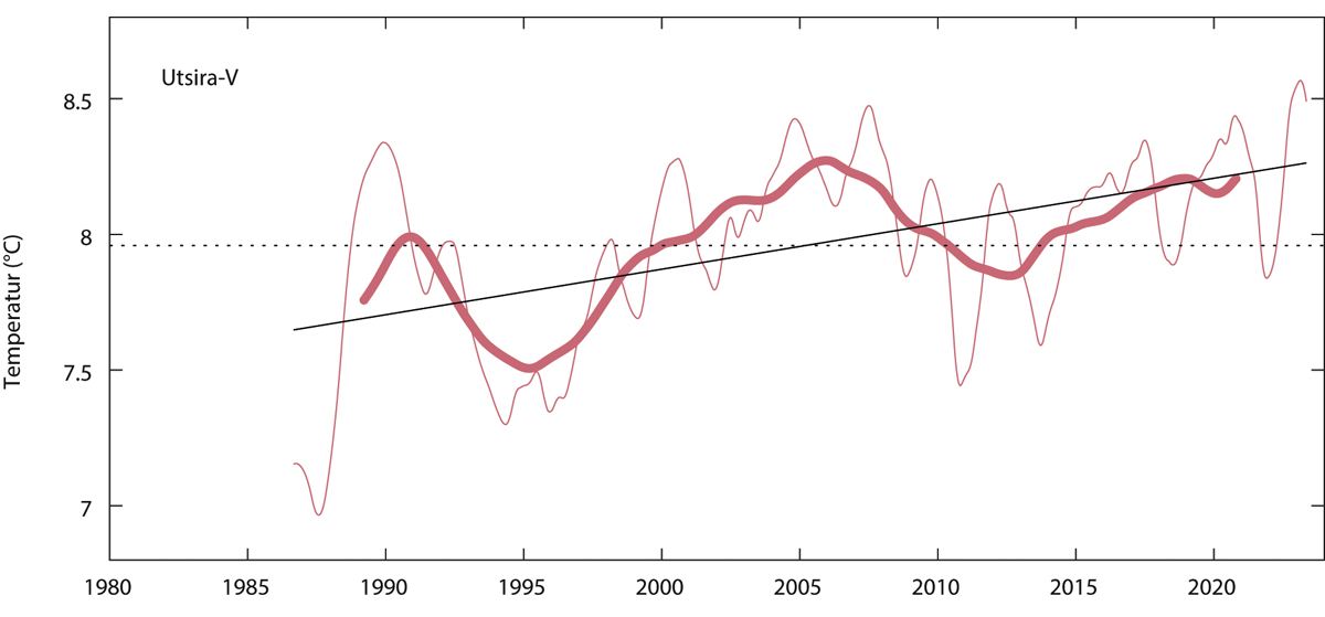 Figur 3.19 Temperatur 1980–2020, midlet mellom i 50–200 m dyp, i kjernen av atlantisk vann i Nordsjøen (Utsira-V). Den tynne linjen viser årsmidler, den tykke linjen viser dataene glattet med fem års midler, og den stiplede linjen lineær trend.