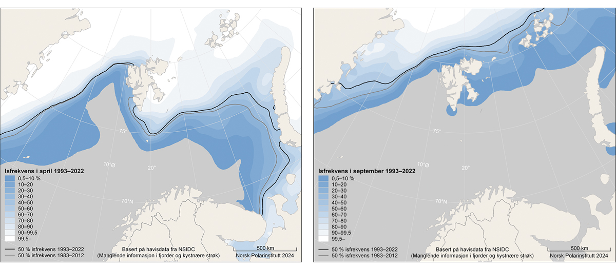 Figur 3.4 Havisutbredelse i Barentshavet og Framstredet. Kartene viser isutbredelse for april, når den normalt er på sitt årlige maksimum, og september når den er på minimum. Isutbredelse er angitt som isfrekvens basert på en tidsserie med satellittobservasjon...