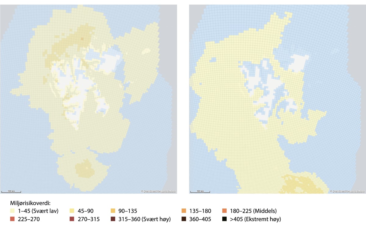 Figur 6.2 Miljørisiko rundt Svalbard, herunder Bjørnøya, i perioden 2017–2020. Til venstre gjennomsnittsverdier og til høyre maksimalverdier for hele perioden.