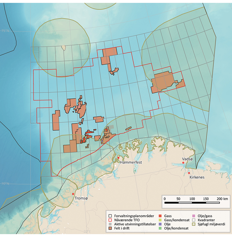 Figur 6.5 Kart over petroleumsvirksomhet og viktige områder for sjøfugl i Barentshavet