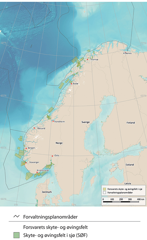 Figur 7.11 Kart over Forsvarets skyte- og øvingsfelt i sjø.