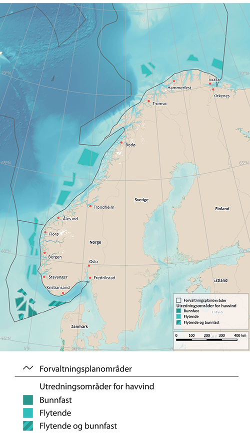 Figur 7.6 Kart over 20 utredningsområder for havvind. 