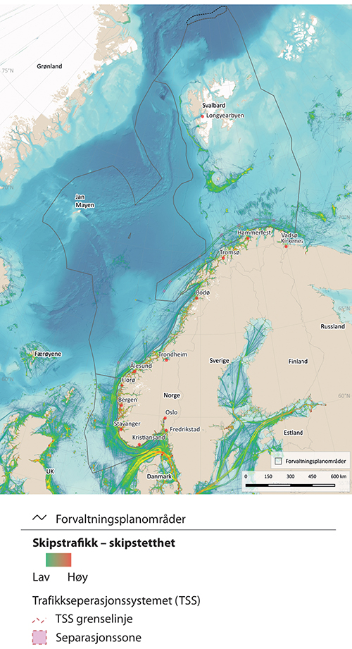 Figur 7.8 Kart over tettheten av skipstrafikk i norske havområder.