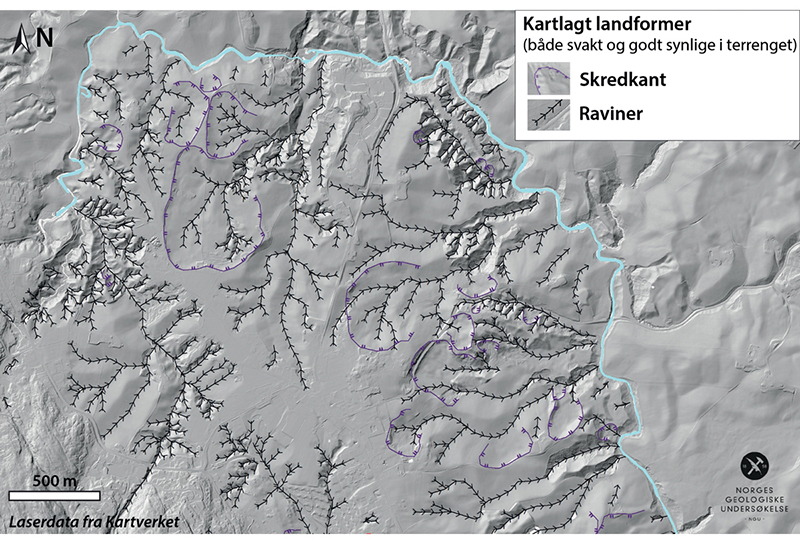 Figur 13.1 Eksempel på NGUs kartlegging av skredkanter og raviner i leirterreng basert på terrengmodeller. I tillegg benyttes vertikalfoto fra ulike år i kartleggingen, og stedvis kontroll i felt.
