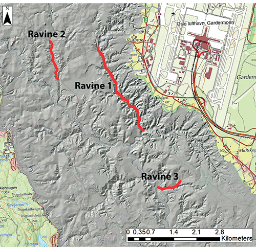 Figur 13.14 Raviner hvor identifikasjon av «hotspots» for erosjon og akkumulasjon ble utført (data fra Kartverket).
