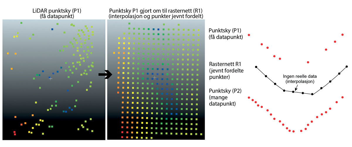 Figur 13.17 Prinsippet for hvordan manglende datapunkter kan gi et feilaktig bilde av terrenget ved interpolasjon.
