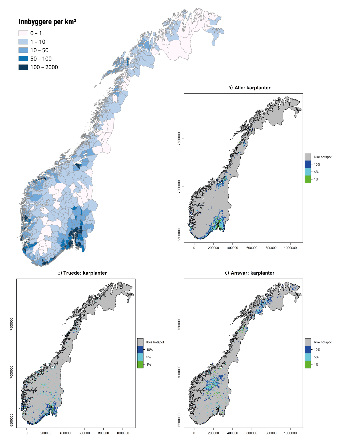 Figur 3.1 Befolkningstetthet i Norge og fordeling av karplanter