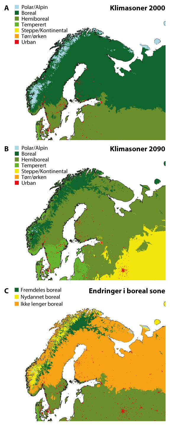 Figur 6.16 Endring i boreal klimasone ved fortsatt høye klimagassutslipp