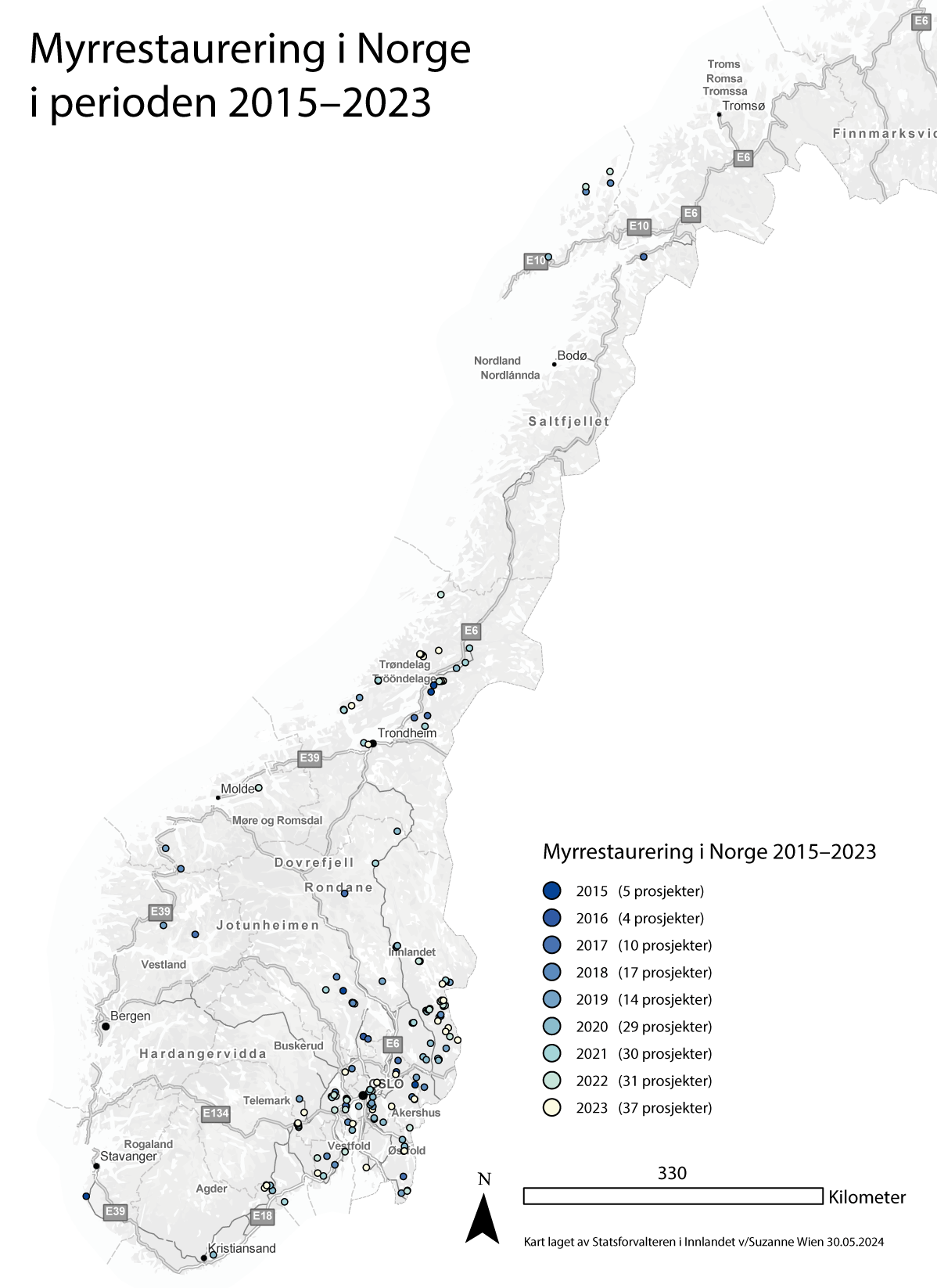 Figur 6.2 Myrrestaurering i Norge 2015–2023