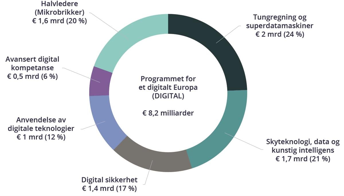 Oversikt over DIGITAL-programmets budsjett:
Tungregning og superdatamaskiner
€ 2 mrd (24 %)
Skyteknologi, data og kunstig intelligens € 1,7 mrd (21 %)
Digital sikkerhet € 1,4 mrd (17 %)
Anvendelse av digitale teknologier € 1 mrd (12 %)
Avansert digitalkompetanse € 0,5 mrd (6 %)
Halvledere (Mikrobrikker) € 1,6 mrd (20 %)