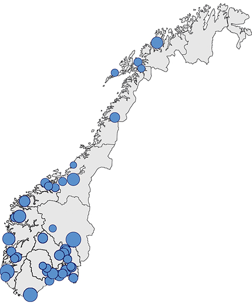 Figur 12.1 Lokalisering av sparebankstiftelser i Norge. Størrelsen på sirkelen indikerer den relative størrelsen på stiftelsen