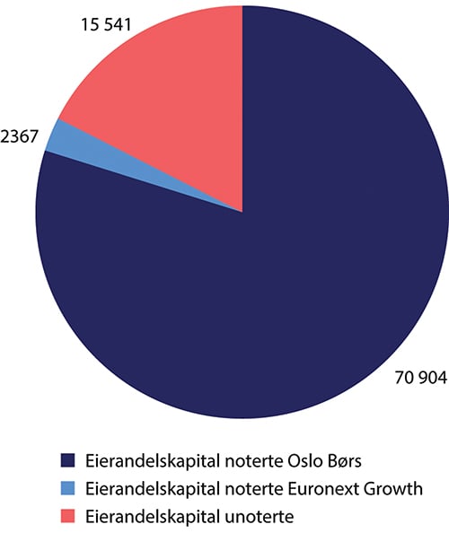 Figur 5.2 Bokført verdi eierandelskapital i banker med egenkapitalbevis, fordelt etter markedsplass. Tall per 30.06.2024. Mill. kroner