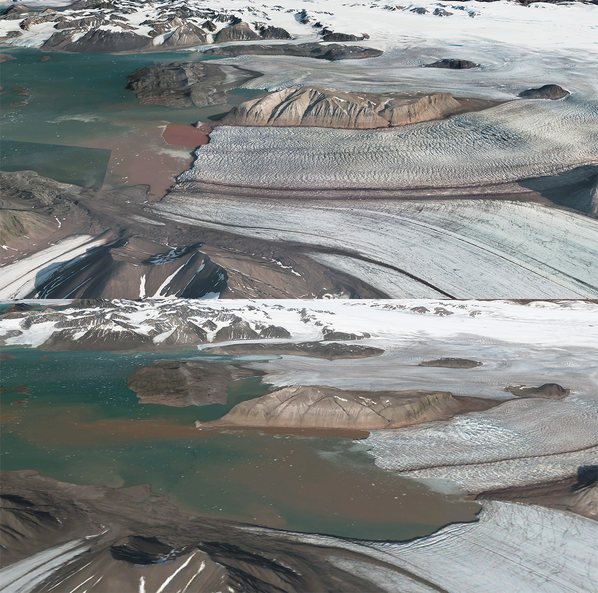 Figur 1.1 Illustrasjonene viser brefrontenes posisjoner i hhv. 2009 og 2023 for isbreene Kongsvegen og Kronebreen. Tilbaketrekningen utgjør en strekning på rundt 3 km. (3D illustrasjoner basert på digital terrengmodell, flybilder og satellittbilder).
