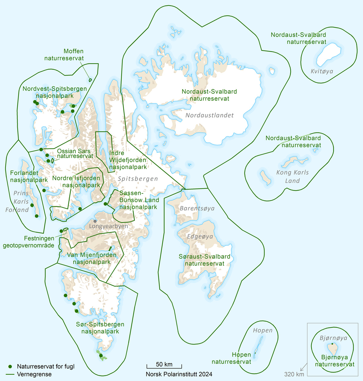 Figur 3.2 Kart over verneområdene på Svalbard.