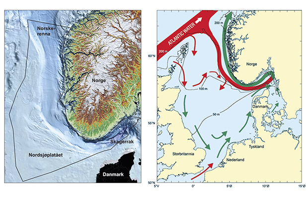 Figure 3.1 a) The bottom topography of the management plan area. b) The most important features of circulation patterns and water depths in the North Sea and Skagerrak. Red arrows: Atlantic water. Green arrows: Coastal water.
