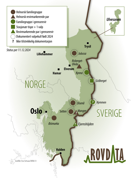 Kart over ulvesonen i Norge med revirplasseringer