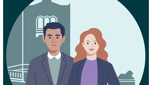 Illustrasjon av mann og kvinne foran Stortinget