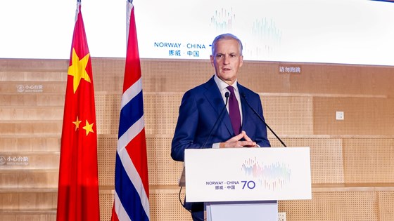 Prime Minister Støre on stage, to the right of Chinese and Norwegian flags. Interior of wood. 