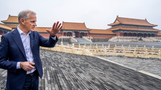 Statsministeren gestikulerer med venstre hånd. Står foran kinesiske bygninger i Beijing.