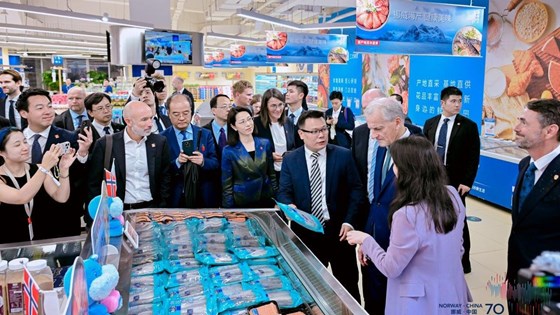 Fra et fiskemarked. En stor gruppe mennesker står rundt en kjøler med fiskeprodukter.