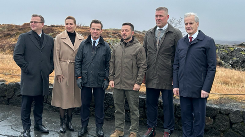 Nordic leaders standing together outside in Reykjavik with Ukrainian President Zelensky. 