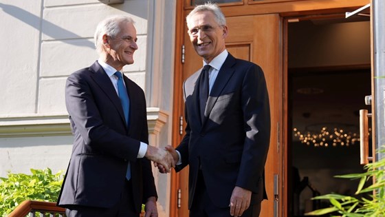 Støre and Stoltenberg outside at the stairs of the Prime Minister residence. 