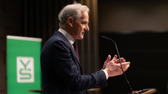 Statsministeren står bak en talerstol og gestikulerer med hendene.