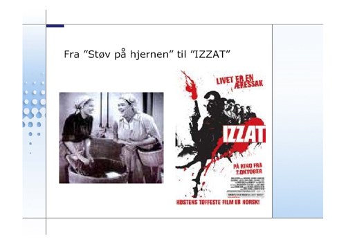 Powerpointpresentasjon, lysark 2: Bilder fra filmene 'Støv på hjerne' og 'Izzat'.