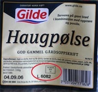 Etikett til Gilde Haugpølse Foto: Mattilsynet