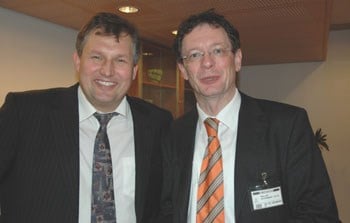 Landbruks- og matminister Terje Riis-Johansen drøftet klimamerking av matvarer med Alexander Müller, visegeneraldirektør i FAO. Foto: Astraea Antal, LMD.