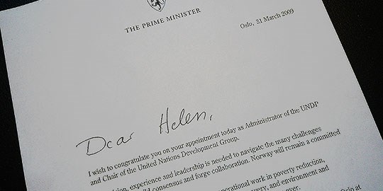 Statsministerens gratulasjonsbrev til Helen Clark