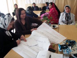 I Maimanah, hovedbyen i Faryab-provinsen, organiserte APRP og Kvinnedepartementet et møte med kvinner i lederstilling for å diskutere kvinners fredsarbeid og reintegrering. Foto: Toiko Tõnisson Kleppe, ambassaden i Kabul